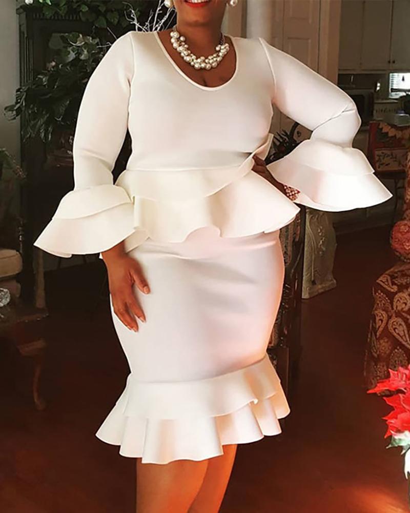 

Plus Size Flared Sleeve Ruffles Hem Midi Dress, White