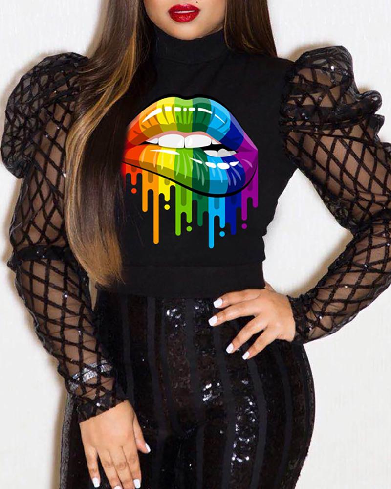 

Mesh Hollow Out Mouth Pattern Blouse, Black