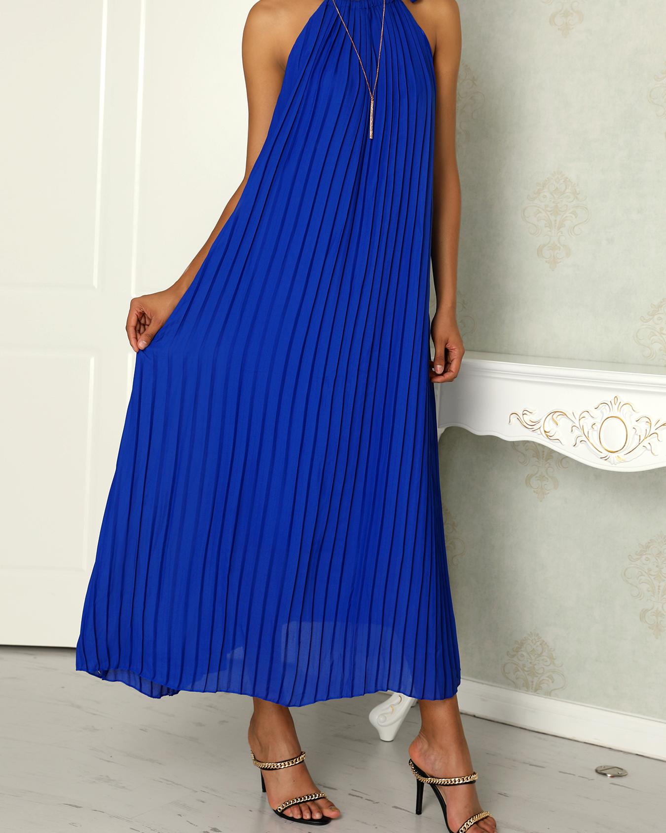 

Hot Summer Halter Pleated Casual Maxi Dress, Dark blue