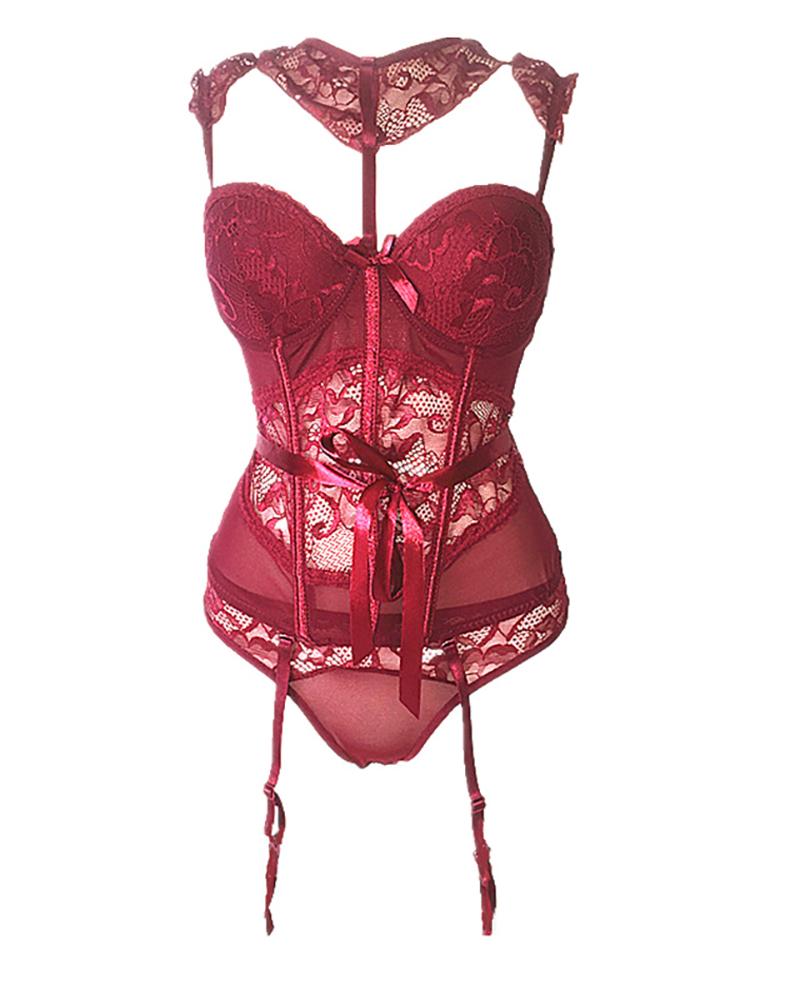 

Bowknot Lace Corset Garter Teddy, Red