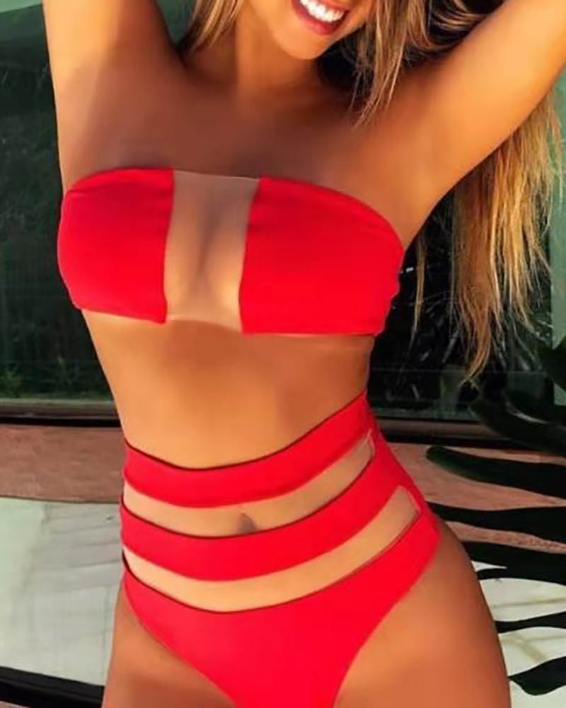 

Bandeau Sheer Mesh High Waist Bikini Set, Red