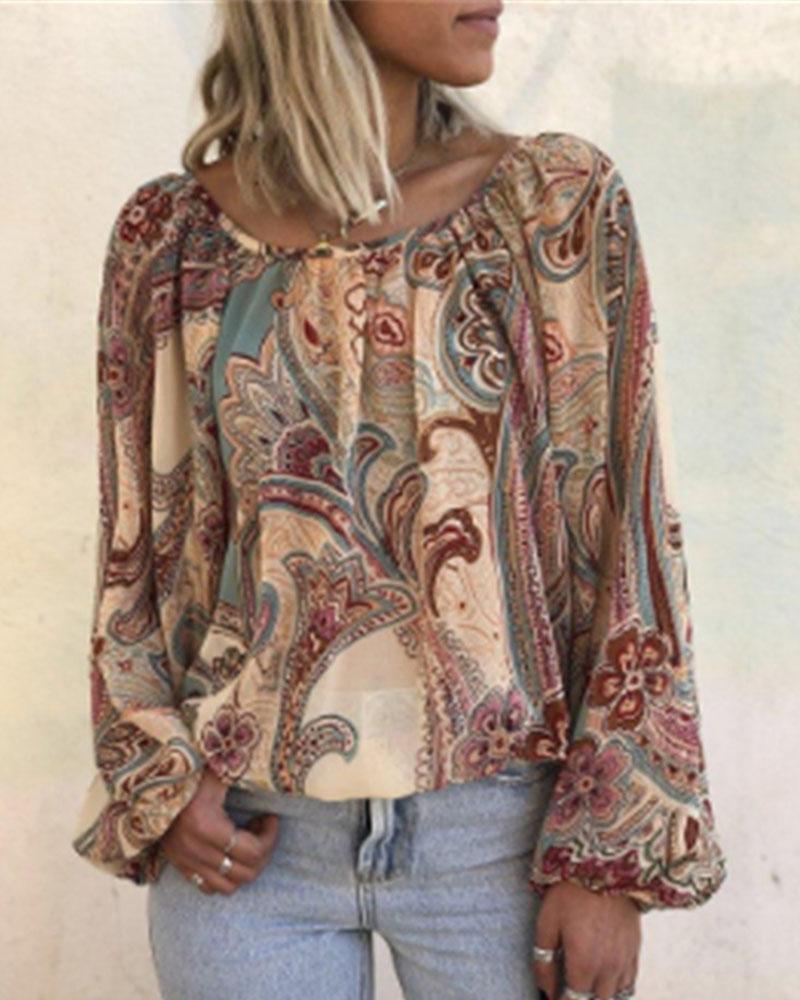 

Paisley Print Long Sleeve Blouse, Khaki