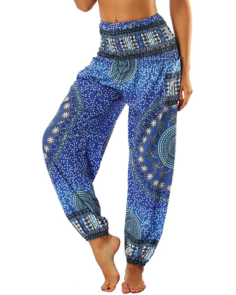 

High Waist Wide Leg Print Yoga Pants, Blue