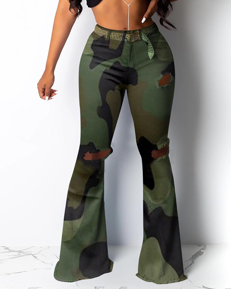 

Camouflage Distressed Bell Bottom Pants, Army green