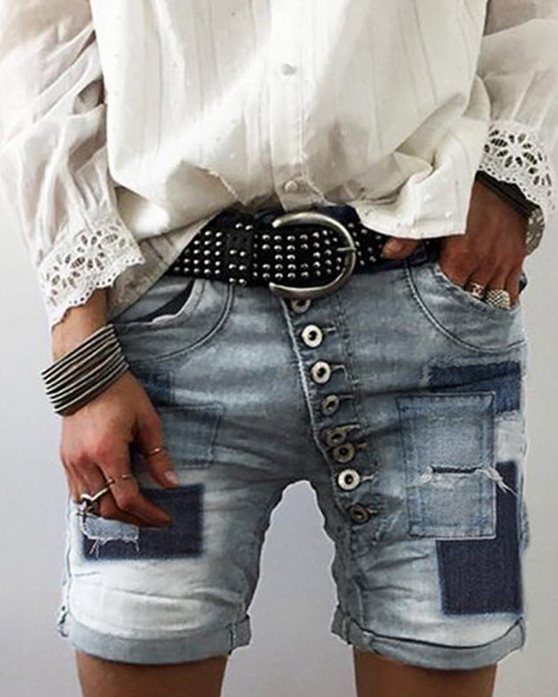 

Button Front Denim Shorts, Light blue