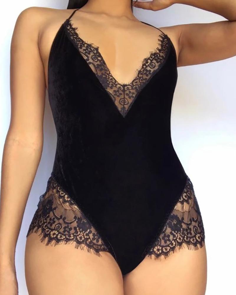

Lace-up Backless Lace Trim Teddies, Black