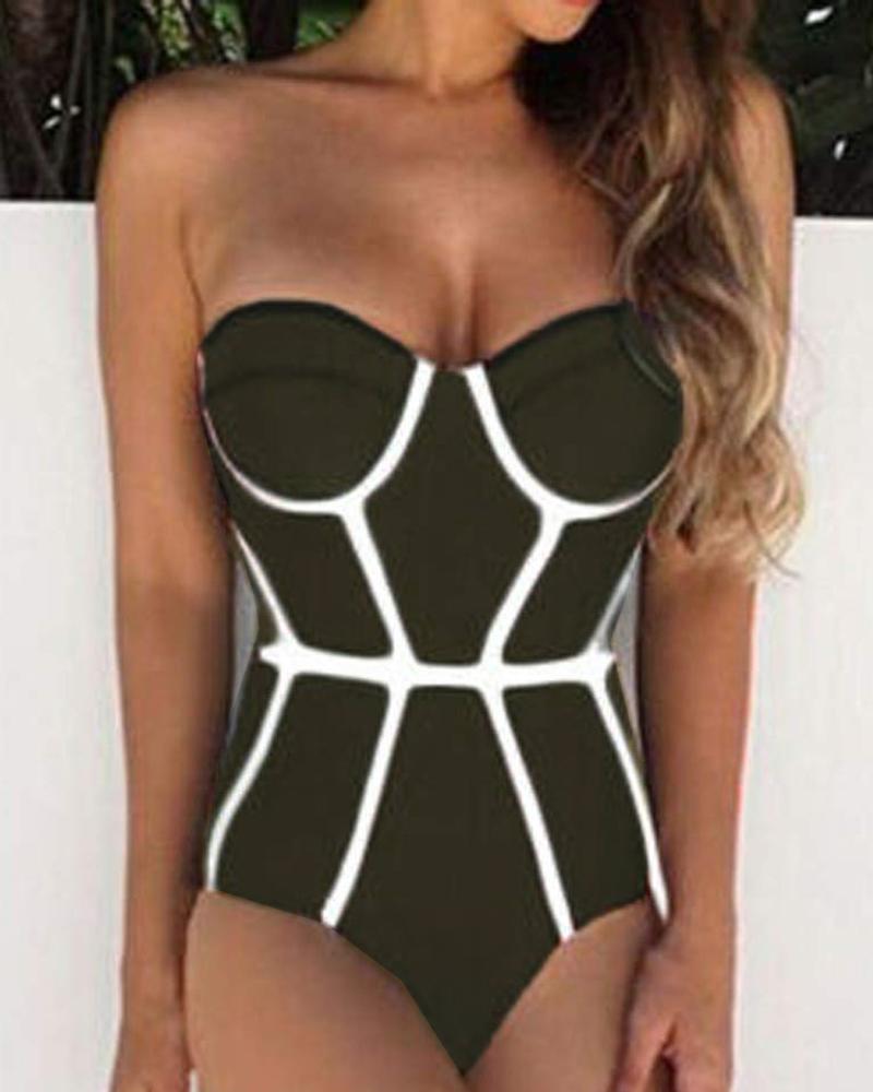 

Contrast Piping One Piece Swimsuit, Green