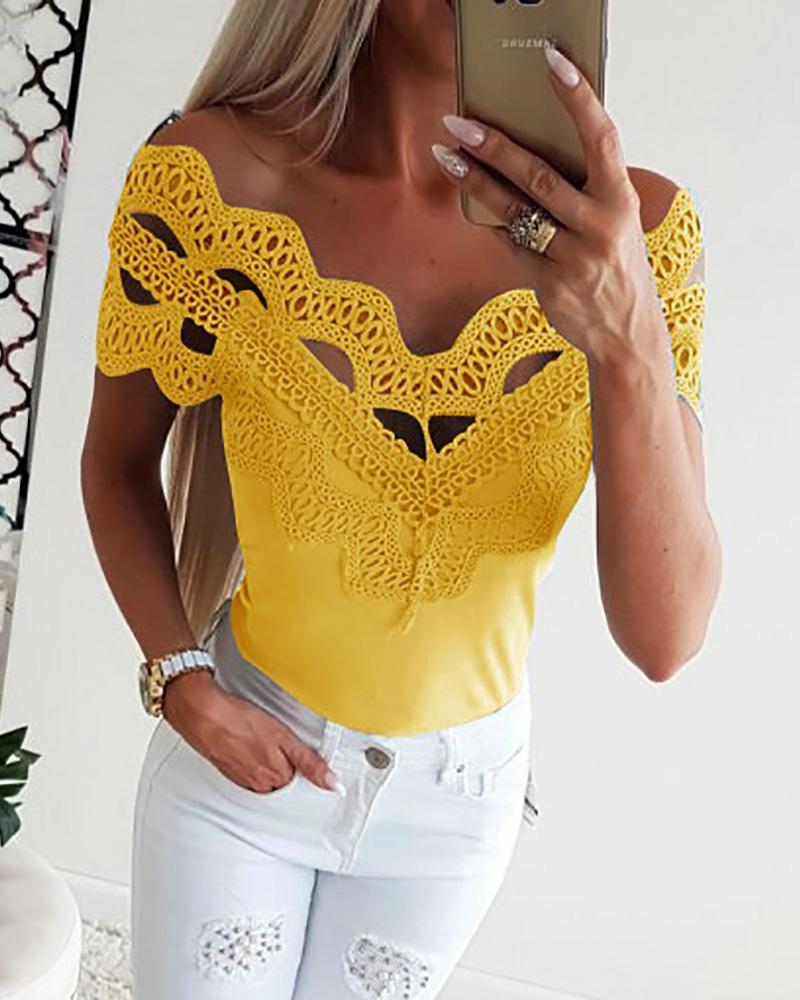 

Hollow Out Off Shoulder Lace Top, Yellow