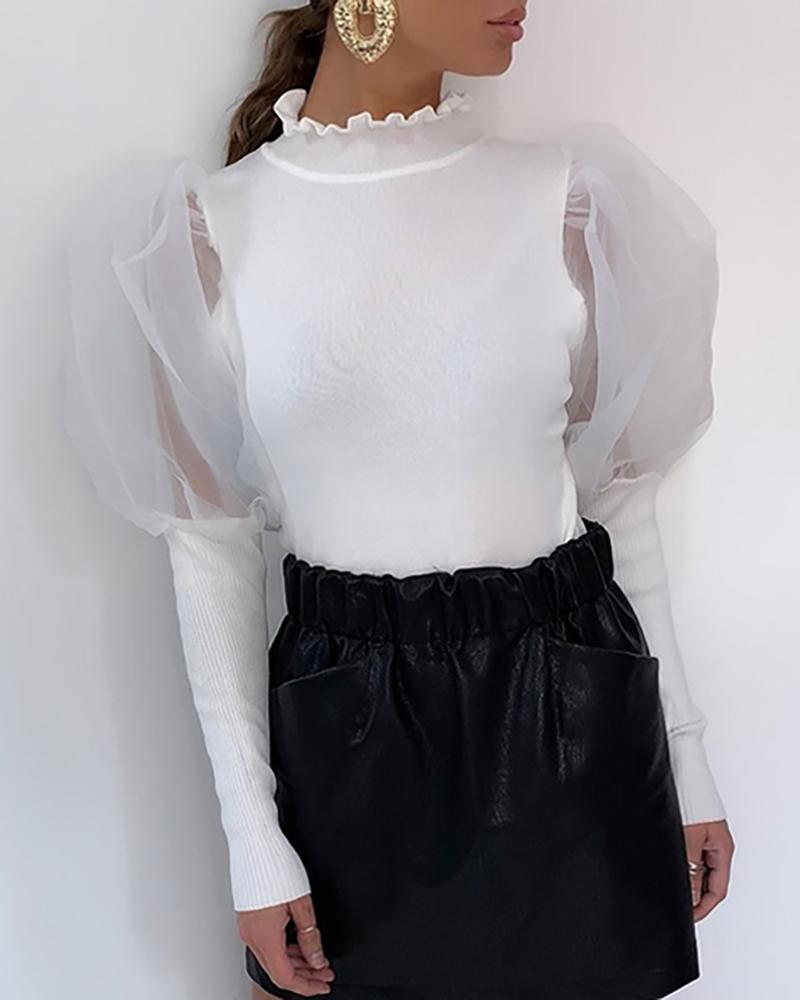 

Solid Patchwork Mesh Puff Sleeve Blouse, White