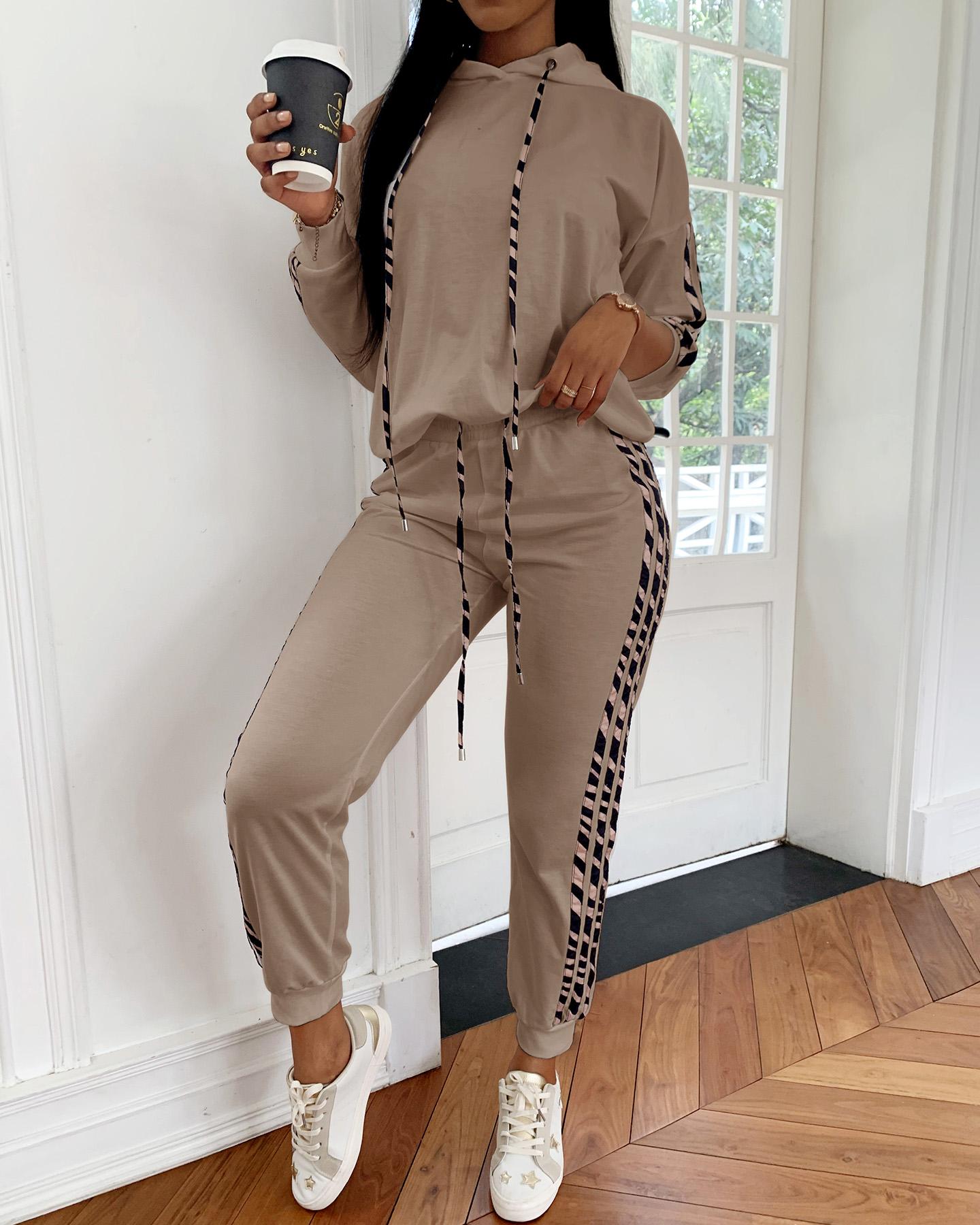

Striped Drawstring Design Hooded Top & Casual Pant Sets, Khaki