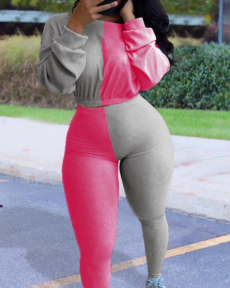 

Colorblock Long Sleeve Top & Pants Set, Hot pink