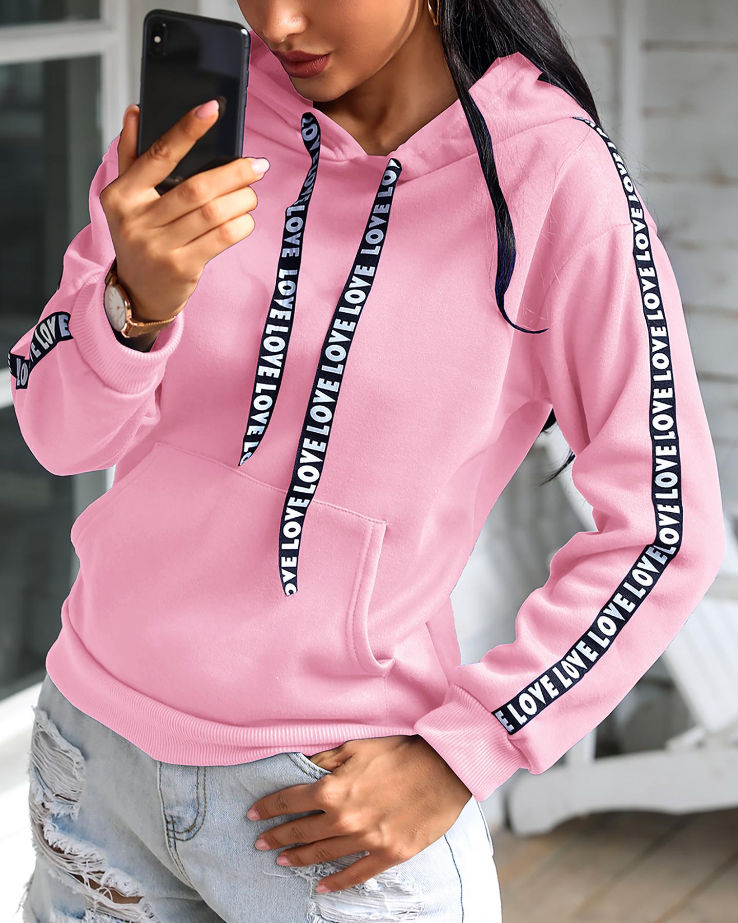 

Letter Print Pocket Design Hooded Top, Pink