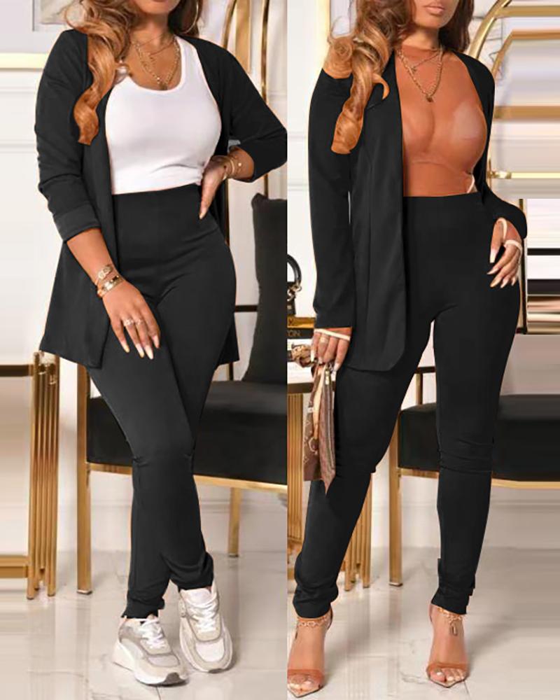 

Plain Long Sleeve Blazer Coat & High Waist Pants Set, Black