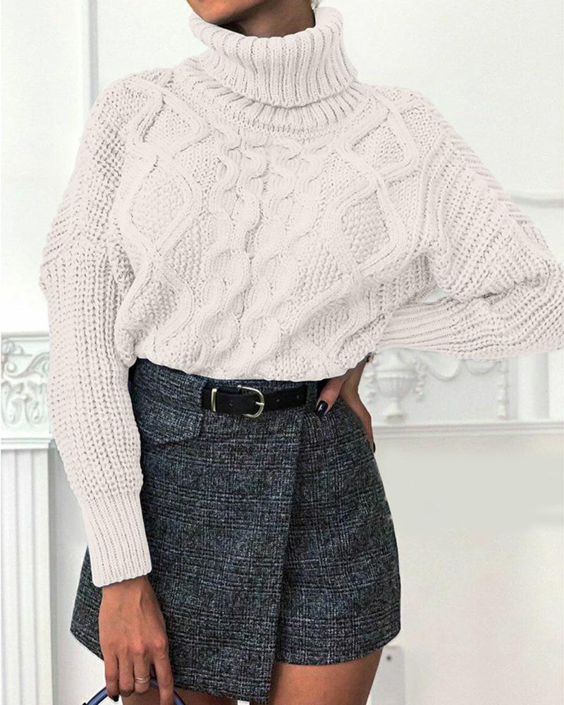 

High Neck Solid Cable Knit Sweater, White