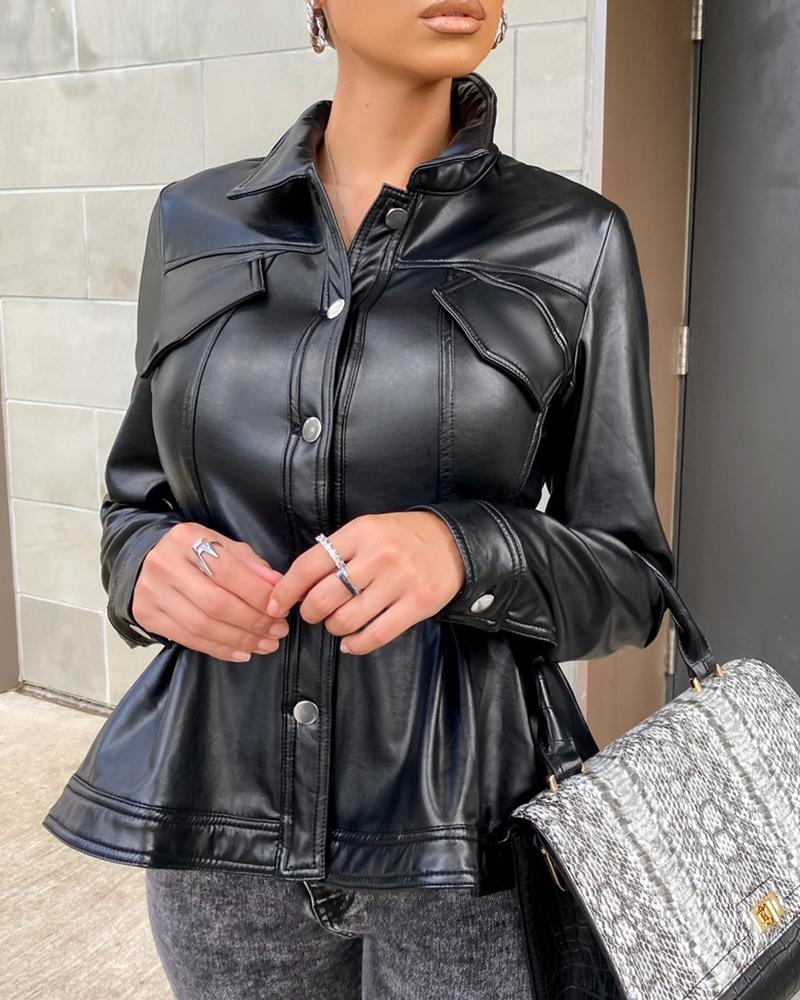 

PU Leather Long Sleeve Button Design Coat, Black