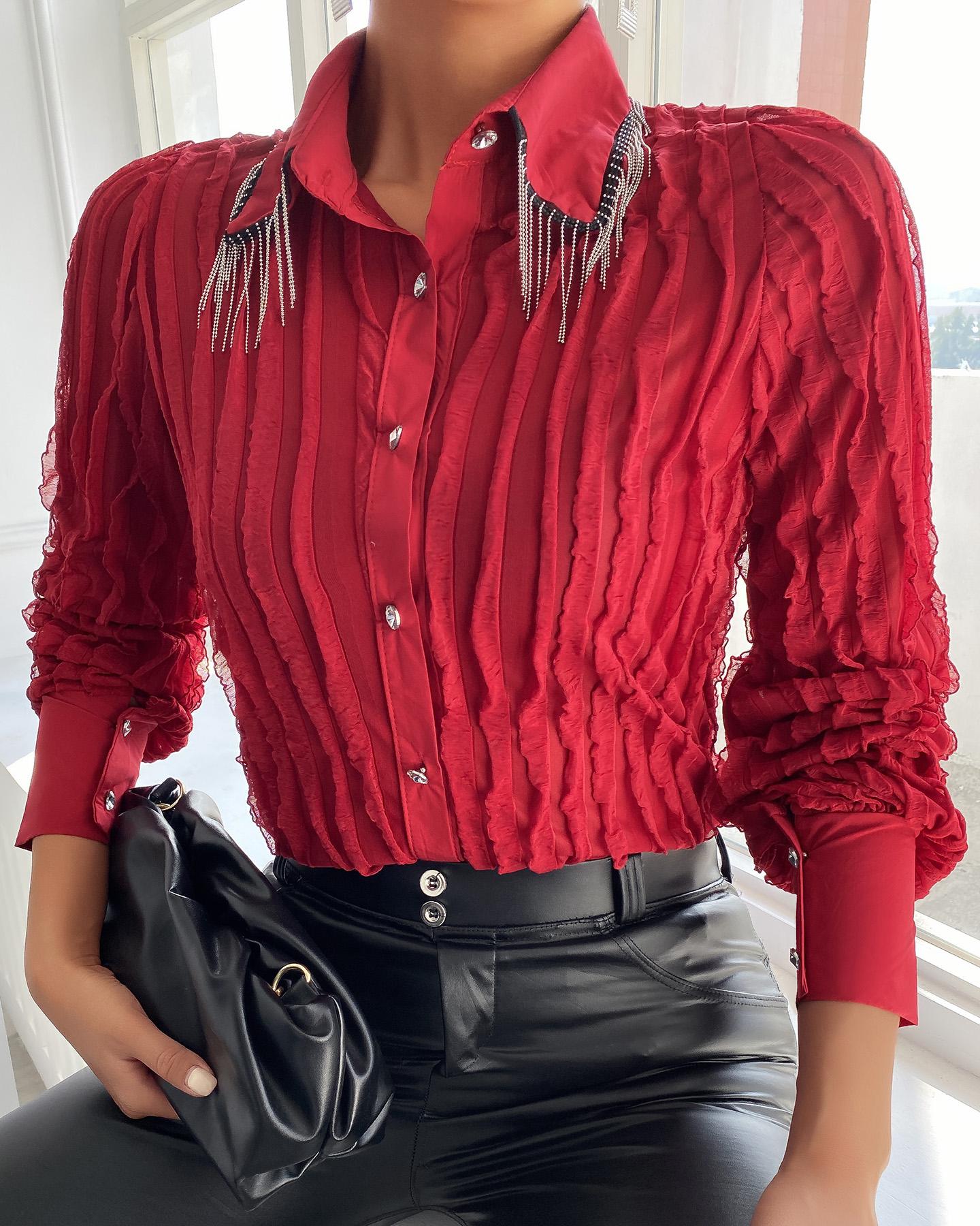 

Tassel Design Ruched Long Sleeve Blouse, Red