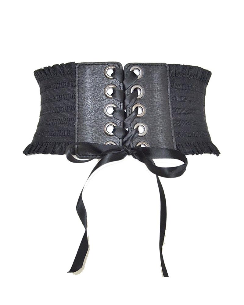 

Eyelet Lace-up Shirring Detail Wide Belt, Black
