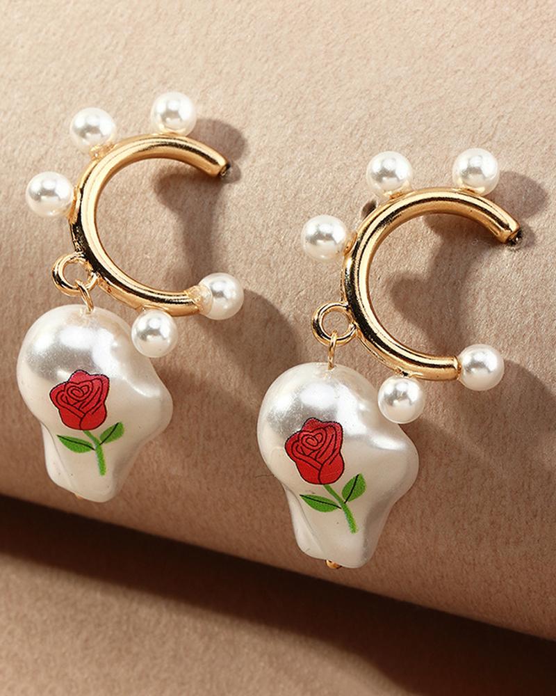

Floral Print Beaded Drop Earring, White