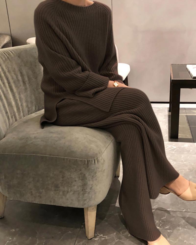 

Side Slit Long Sleeve Knit Top & Wide Leg Pants Set, Coffee