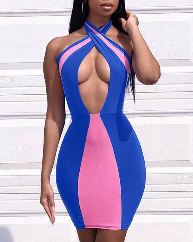 

Sleeveless Halter Color Block Dress, Blue