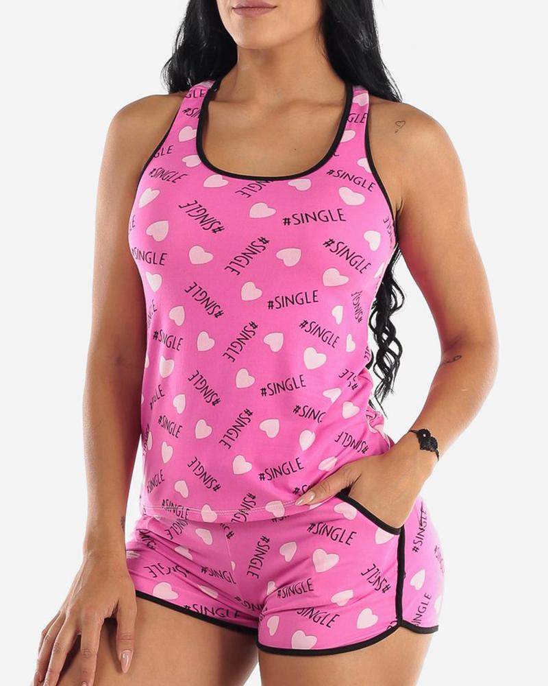 

U Neck Heart Letter Print Tank & Pocket Design Shorts Set, Hot pink