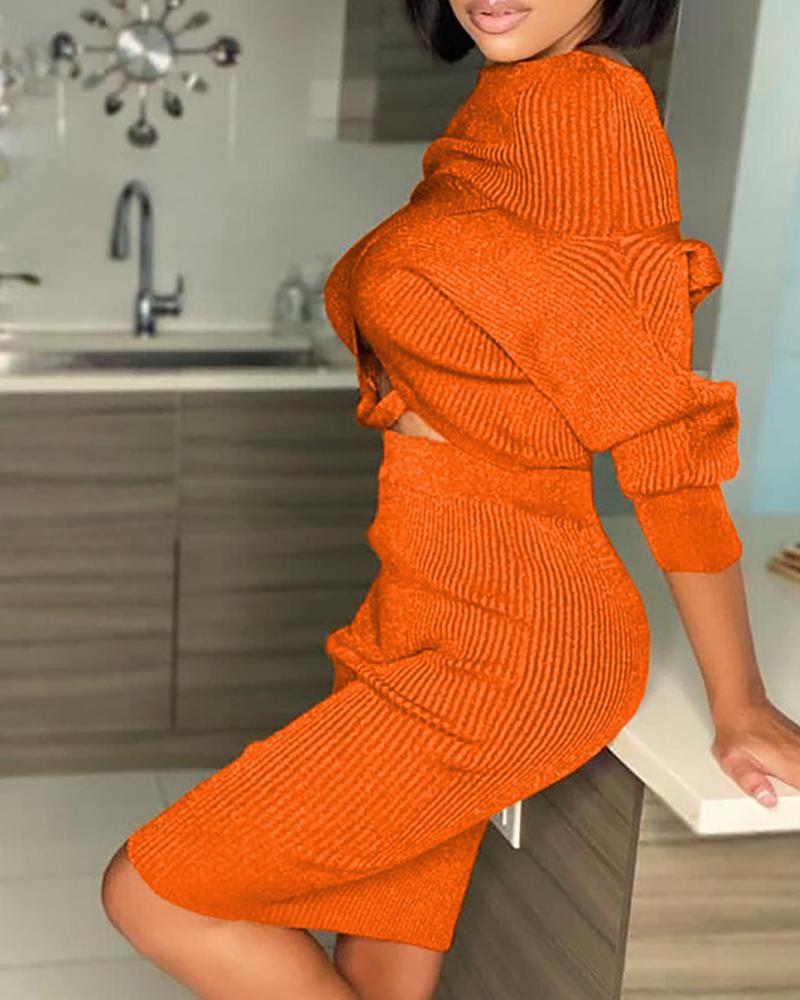 

Off Shoulder Long Sleeve Plain Top & Skirt Set, Orange