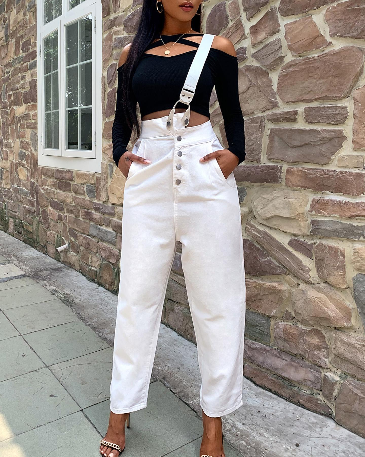 

Buttoned Pocket Design Single Strap Suspender Pants, White
