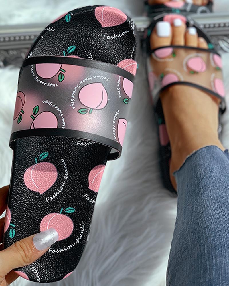 

Transparent Peach Pattern Flat Sandals, Black