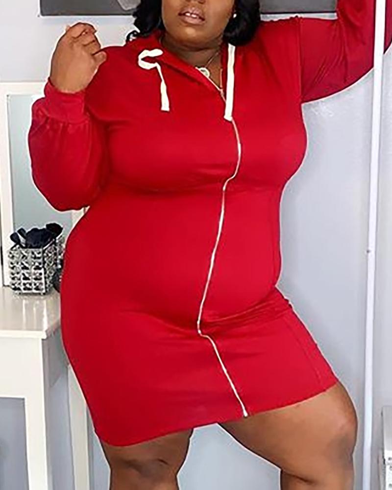 

Plus Size Zipper Design Hooded Sweatshirt Dress, Red