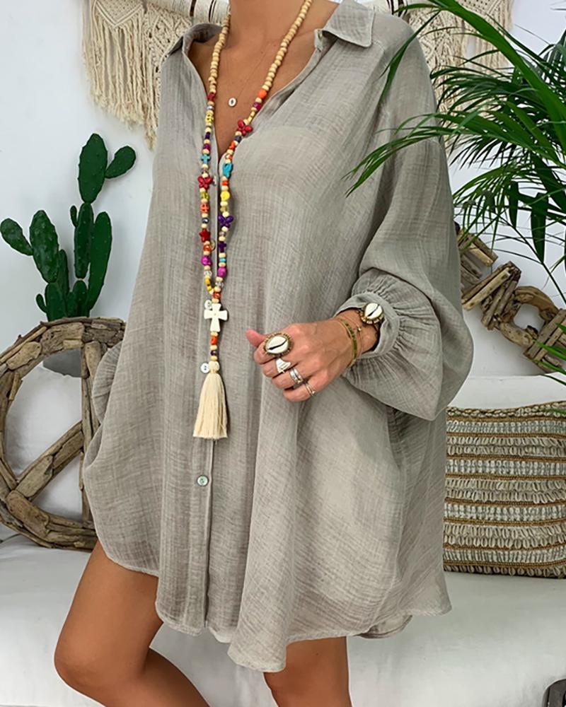 

Lantern Sleeve Button Design Casual Shirt, Gray
