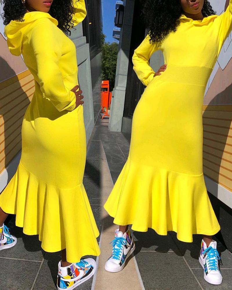 

Ruffles Long Sleeve Hooded Mermaid Dress, Yellow