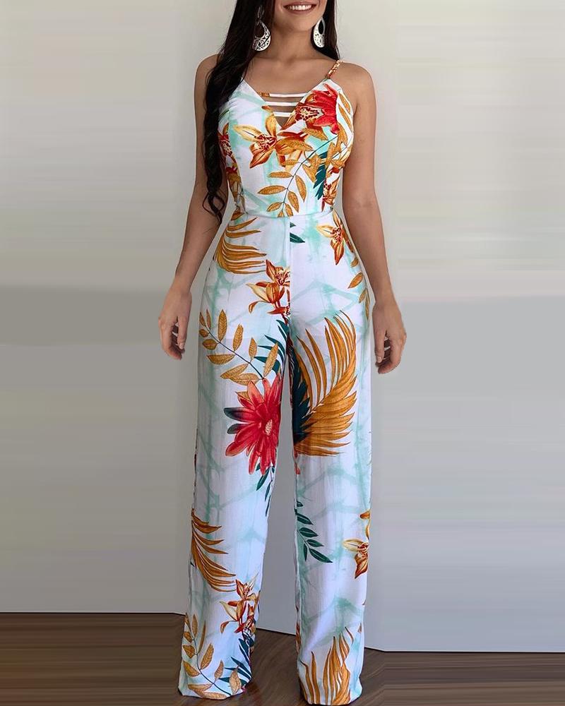 

Halter Tropical Print Sleeveless Jumpsuit, White