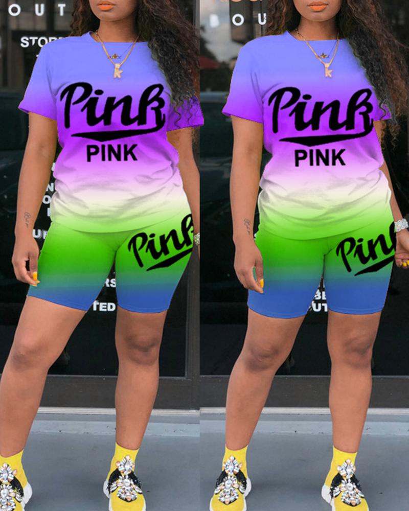 

Ombre Colorblock Letter Print Top & Shorts Set, Blue
