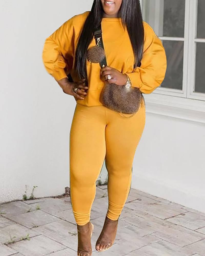 

Plus Size Plain Lantern Sleeve Top & Skinny Pants Set, Yellow