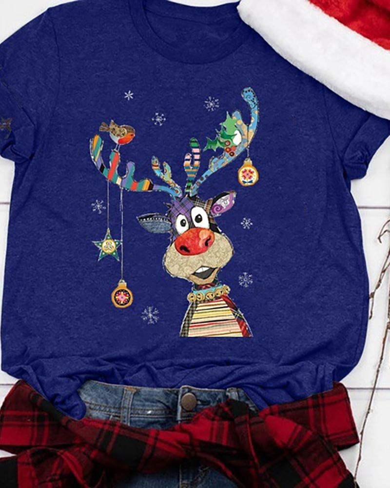 

Christmas Moose Print Casual T-shirt, Blue