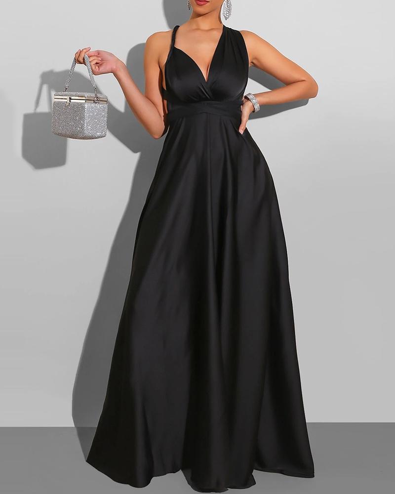 

Backless Knotted Satin Maxi Prom Dress, Black