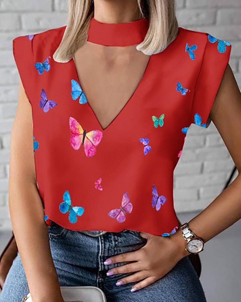 

Halter Cutout Front Butterfly Print Top, Red