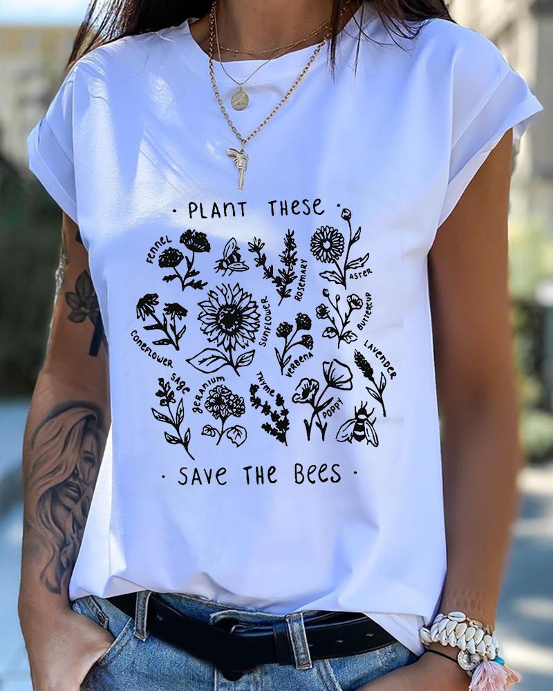 

Floral Letter Print Short Sleeve Casual T-shirt, White
