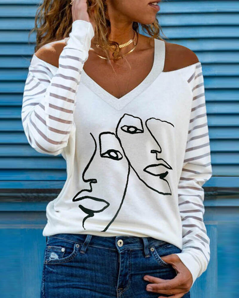 

Cold Shoulder Figure Print Sheer Mesh Top, White