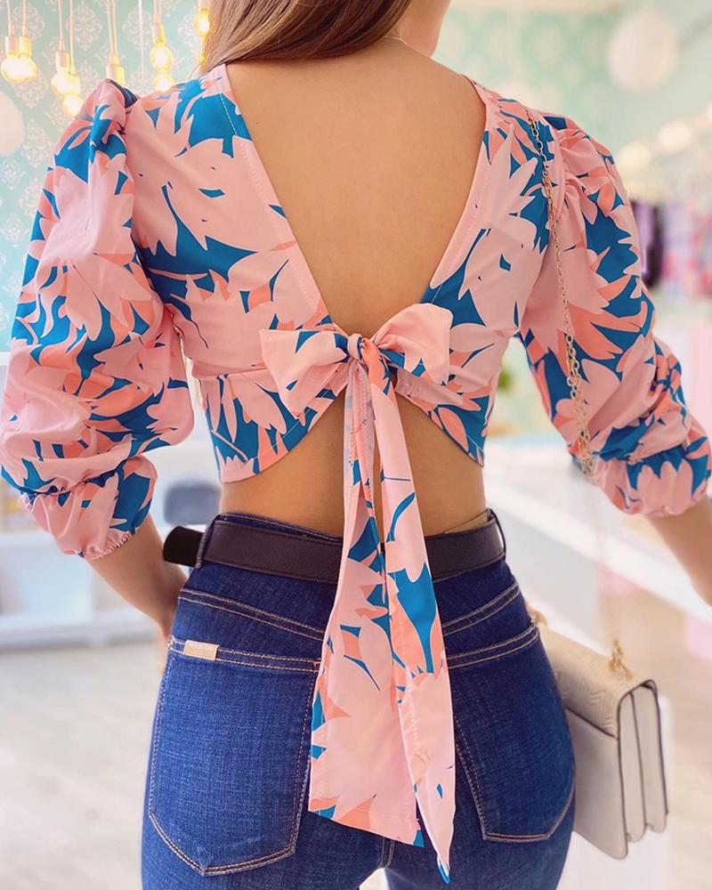 

Floral Print Bowknot Back Puff Sleeve Top, Pink