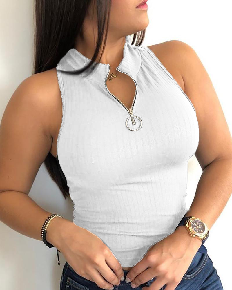 

Thick Strap Ribbed Zipper Design Top, White