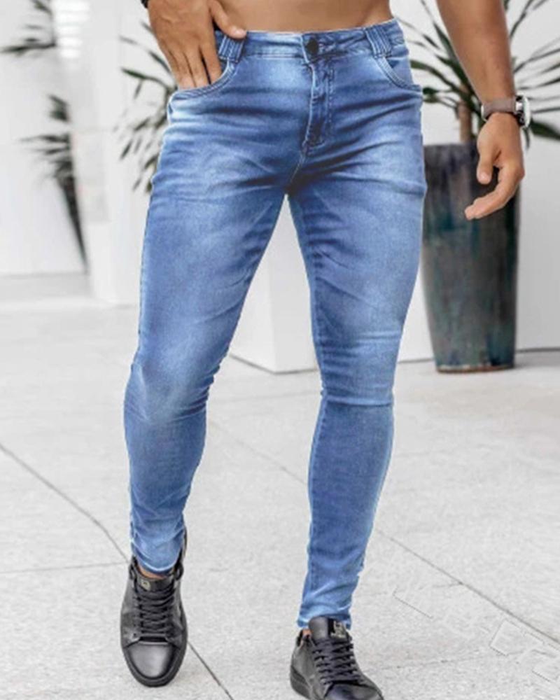 

Solid Slim Washing Effect Denim Feet Pants Jeans, Lighted blue