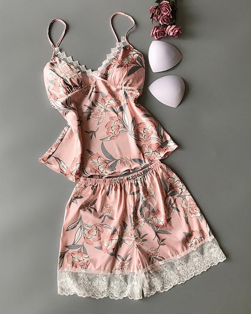 

Spaghetti Strap Floral Print Trim Cami Set, Pink