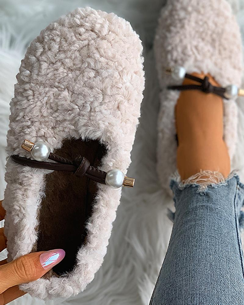 

Beaded Tied Detail Fluffy Shoes, Beige
