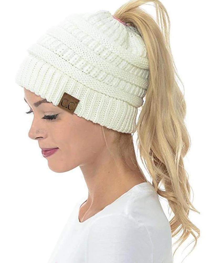 

Plain Soft Knit Ponytail Beanie Hat, White