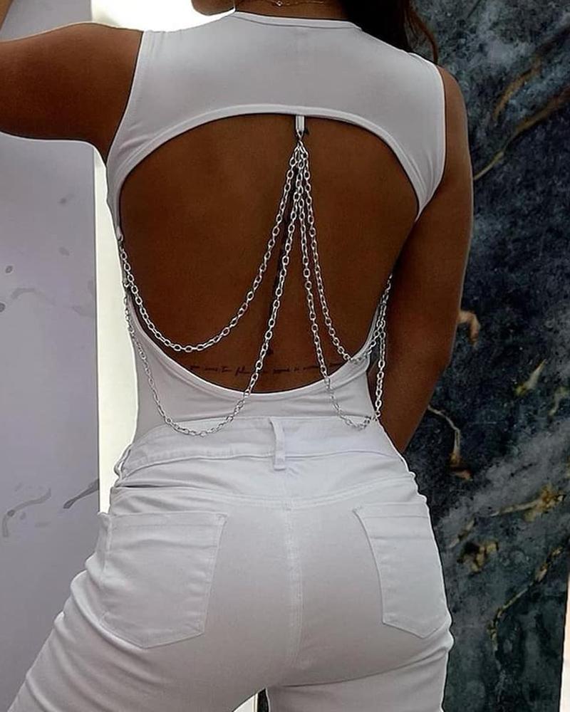 

Backless Chain Design Round Neck Sleeveless Top, White