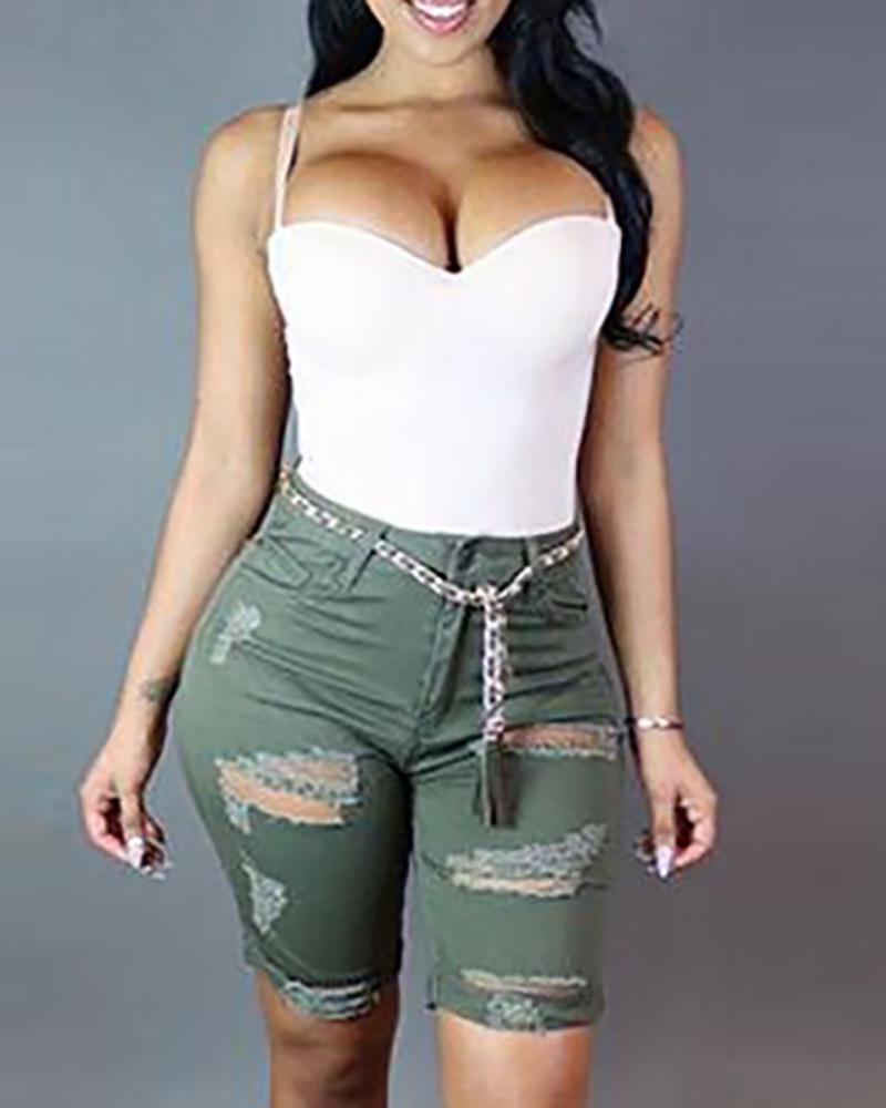 

High Waist Ripped Shorts, Army green