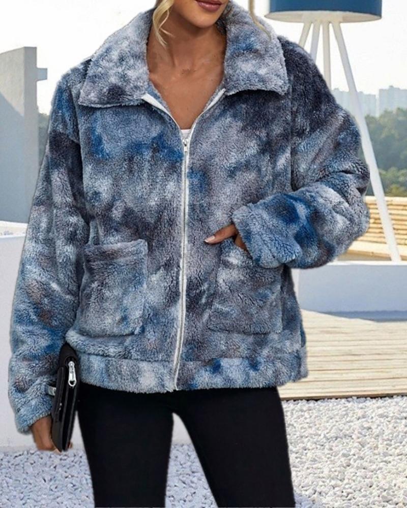 

Tie Dye Print Zip Pocket Design Teddy Coat, Dark blue