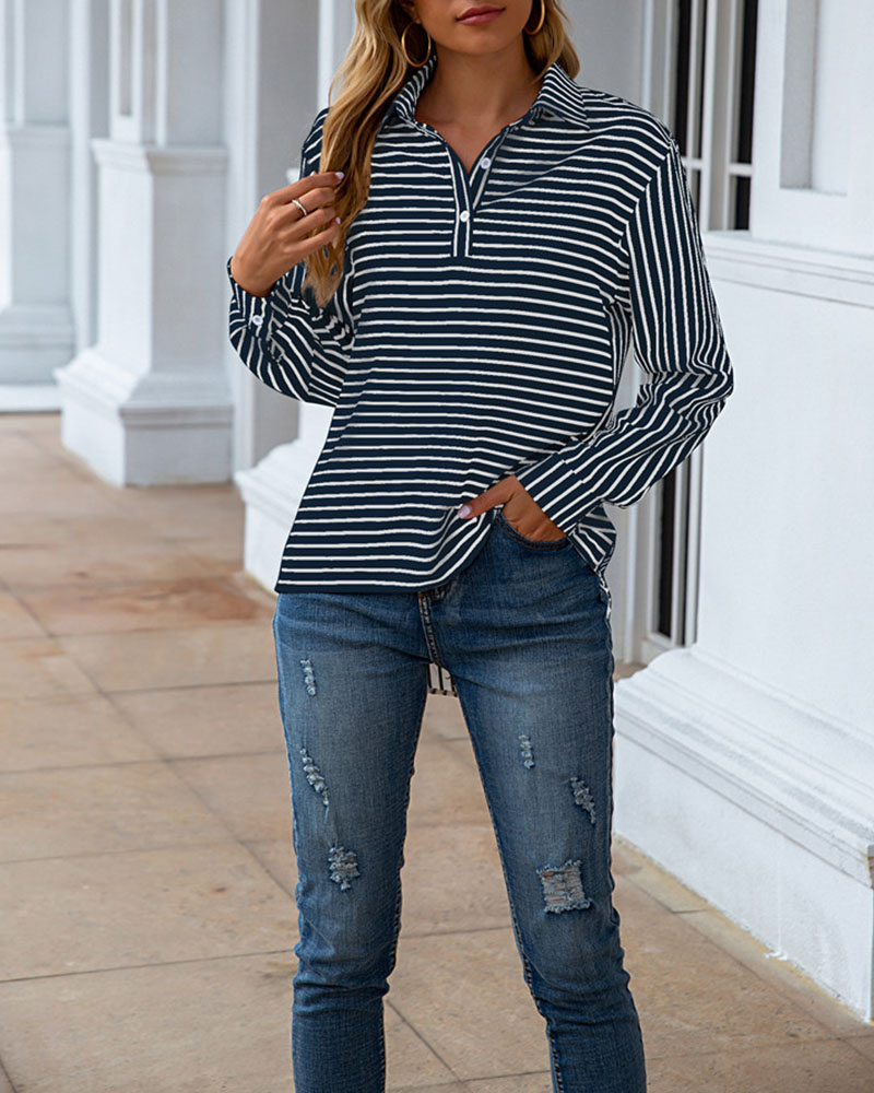 

Striped Long Sleeve Button Blouse, Lighted blue