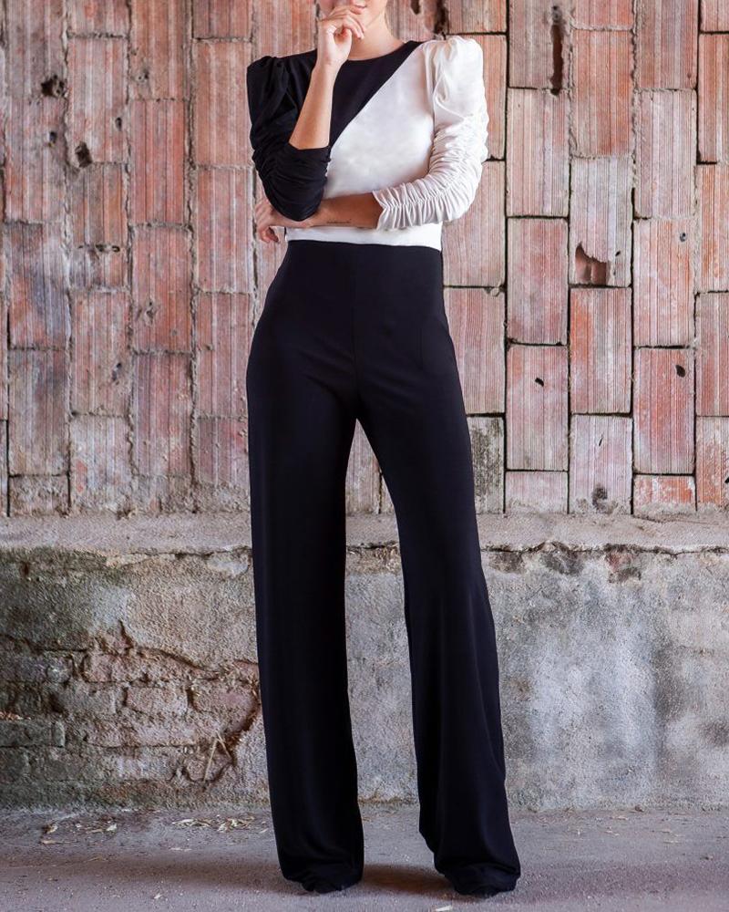 

Ruched Sleeve Colorblock Patchwork Jumpsuit, Black
